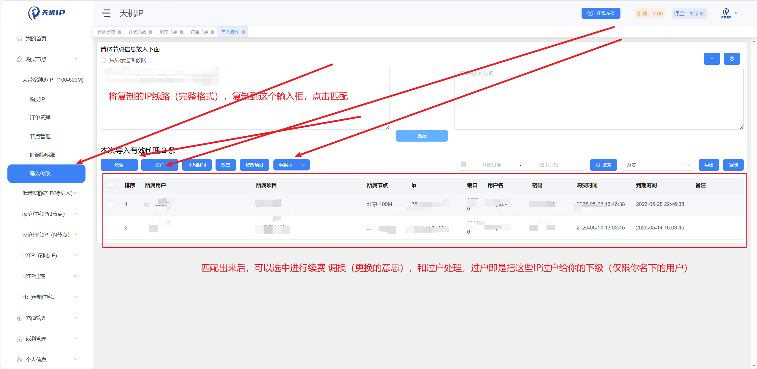 天机IP管理页面 - 更换/过户/续费操作